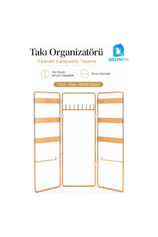 3 Kanatlı Katlanabilir Takı Organizeri Küpe Kolye Bileklik Standı Gold Altın