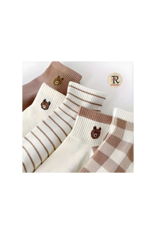 Trampler Ayıcıklı Penye Kadın Patik Çorap  5'li Kahverengi - Krem