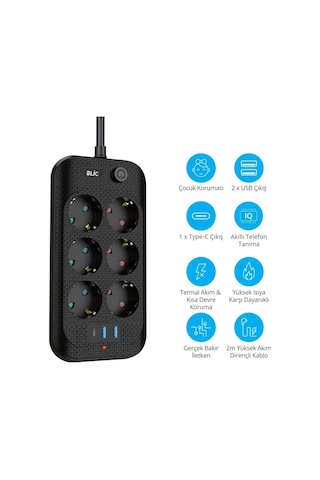 Çeşithane 6 Lı Akım Korumalı Priz 2x Usb 1x Type-c 2m Uzatma Kablosu Çocuk Korumalı 2