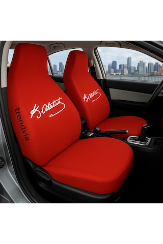 Atatürk İmzalı Kırmızı Servis Kılıfı Penye Oto Koltuk Kılıfı Yıkanabilir, Ön Arka Koltuk Kılıfı Seti
