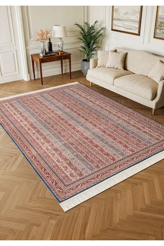 Imperial Luxe Il006r Koyu Mavi Kırmızı Halı Çerçeve Klasik Desen 100 Tarak Bambu Viskon İpek Serisi-713 Mavi
