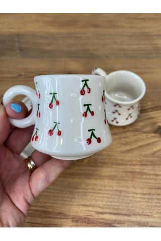Kiraz Desenli El Yapımı Seramik Kupa, Mug, Türk Kahvesi
