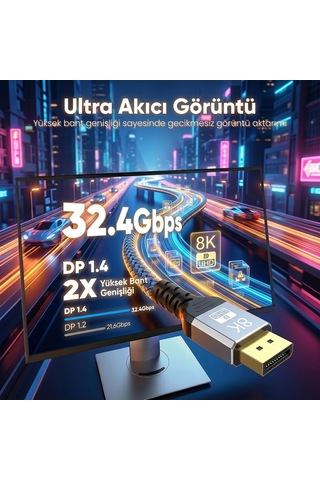 8k Displayport Kablosu Dp 1.4 1.5 Metre - 8k 60hz / 4k 144hz / 2k 165hz - Hdr10, 3d, Ses+görüntü - Alüminyum Gövd Diğer
