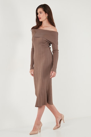 Lela Premium Fitilli Carmen Yaka Slim Fit Midi Boy Triko Bayan Elbise 680El00033 Vizon