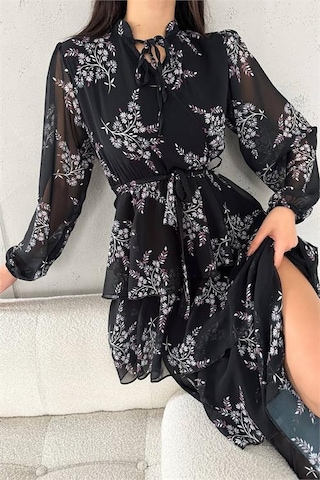 Dip Moda Kadın Yakası Bağlama Detaylı Desenli Şifon Elbise Dpnbk2036 Siyah