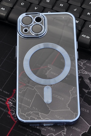 Apple Uyumlu iPhone 14 Magsafe Özellikli Saks Mavi Renkli Kenarlı Lazerli Şeffaf Kılıf Lens Korumalı