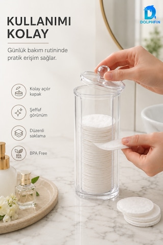 Kapaklı Şeffaf Makyaj Pamukluğu Disk Pamuk Saklama Kutusu 7x7x20 Cm