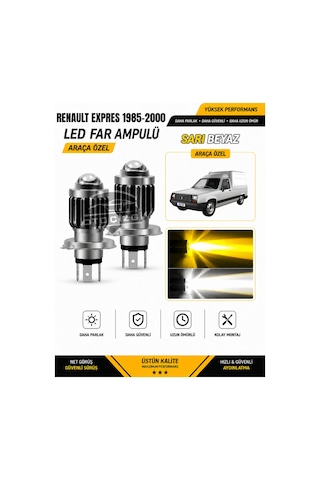 Renault Express 1985-2000 H4 Led Far Ampulü Sarı-beyaz Işık Canbus Mini Lensli 2'li Set
