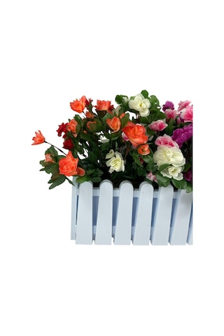 Yapay Çiçek Beyaz Çit Balkon Saksısı Renkli Açelya Çiçekli 55x20C