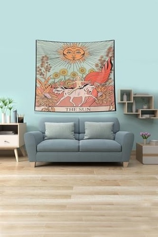 Ontheclouds Bej The Sun Tarot Kartı Leke Tutmaz Kadife Kumaş Duvar Örtüsü Duvar Halısı Tapestry, 70 X 70