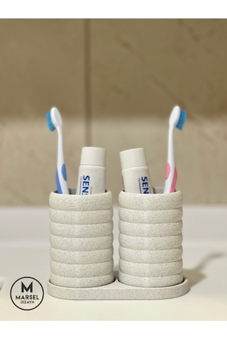 Modern Banyo Düzenleyici V2 - Diş Fırçalık Seti - İkili Set - Mermer Beyaz 10cm Mermer