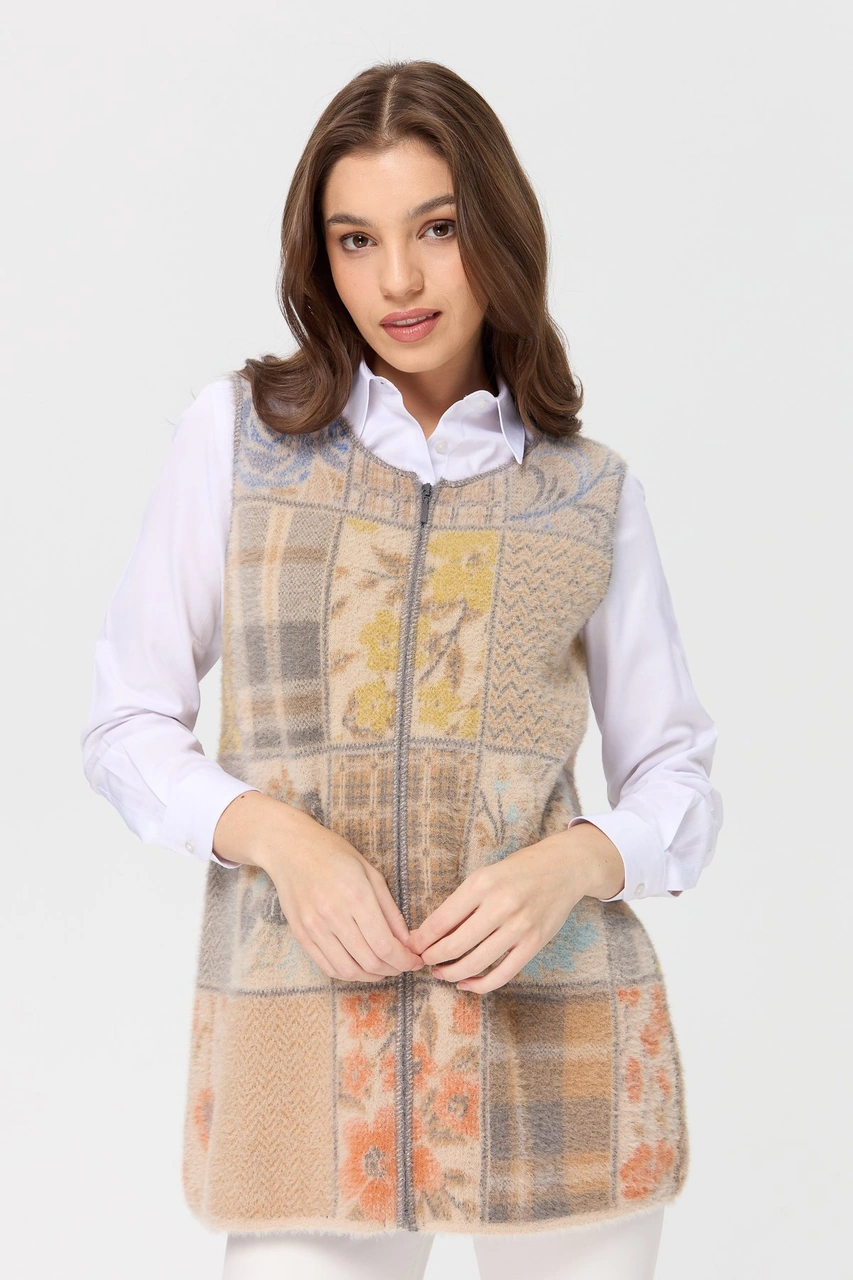 Desen Triko Kadın Sıfır Yaka Patchwork Yelek Bej Bej