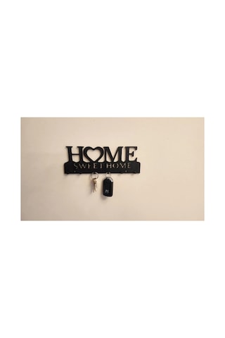 Alvera Home Sweet Home Yazılı Anahtarlık Duvar Askısı Kalpli Anahtar Askısı Siyah