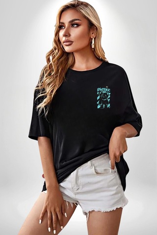 Histerik Siyah Oversize Unisex Ön Sol Yan Minimal Baskılı Tişört Koyu Siyah