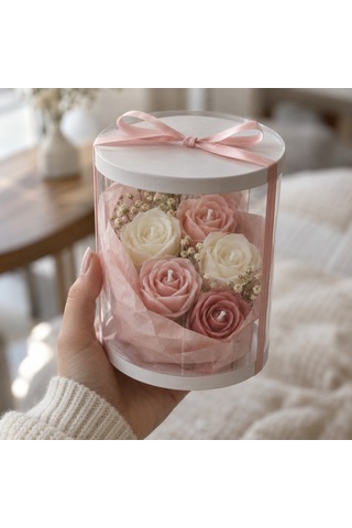 Mini Gül Mum Buketi Şeffaf Kutu 5'li Pembe