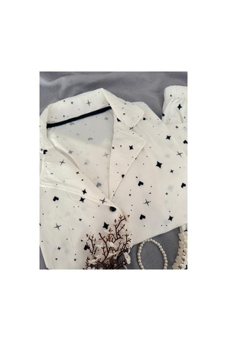 Mh Moony Homewears Kısa Kol Siyah Kalp Özel Dokulu Düğmeli Pijama Takımı Siyah