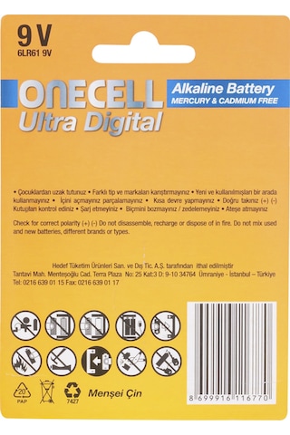 Onecell Ultra Dijital Alkalin 9V Pil