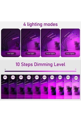 Fortunelane 4 Kafa Led Bitki Büyüme Lambası - 80 Led, Otomatik Zamanlama, Işık Seviyesi Ayarlama, Esnek Açı Regülasyonu, İç Mekan Siyah
