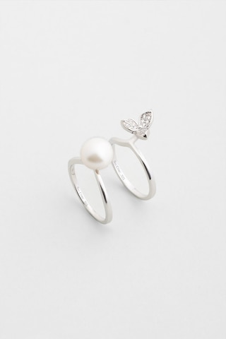 İnci Yaprağı 18 Ayar Beyaz Altın Kaplama Gümüş İkili Yüzük Beyaz