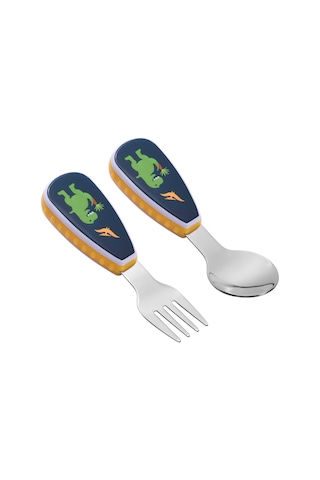 Moveevo 12+ Ay Bebekler İçin Çelik Çatal Kaşık Seti, Dinozor Desenli, Pp Kollü, Saklama Kutusuyla Çok Renkli