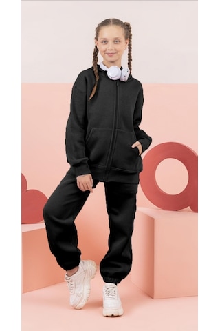 Çocuk Şardonlu Kapüşonlu Fermuarlı Sweatshirt Günlük Rahat Hırka-9647 Siyah