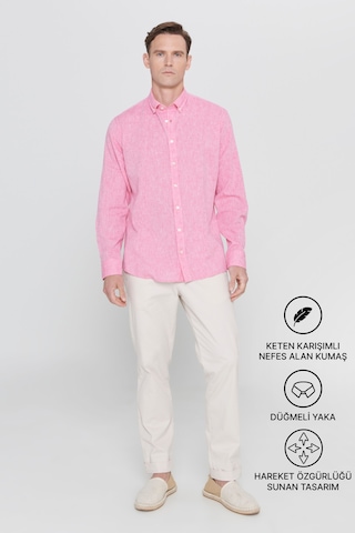 AC&Co / Altınyıldız Classics Erkek FUSYA Comfort Fit Rahat Kesim Düğmeli Yaka Casual Keten Gömlek Fuşya