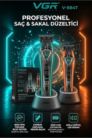 V-884t Profesyonel Sakal Ve Ense Çizim Tıraş Makinesi, 8000 Rpm Bldc Motor, Trimmer, Yedek Kapaklı