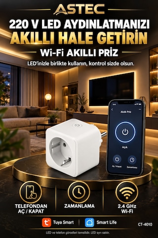 Astec Wi-fi Akıllı Priz 16a 220 V Led Aydınlatma İçin Telefondan Aç/kapat Ve Zamanlayıcı