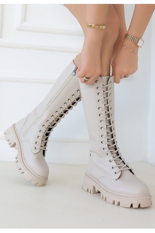 Uliza Bej Cilt Bağcıklı Çizme Bej