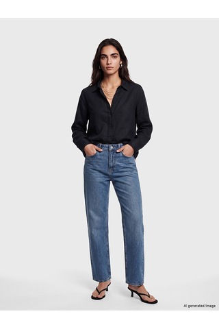 Lcw Vision Siyah Oversize Kadın %100 Keten Gömlek