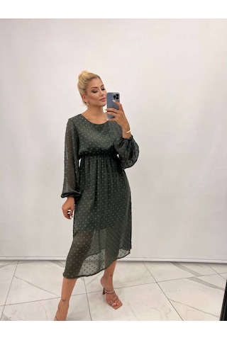 Tua Moda Kadın Uzun Kollu Astar Detay Fırsat Ürün Ponpon Şifon Elbise Haki