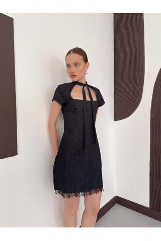 Verymoda Dantel Detaylı Kot Elbise D3041 Lacivert
