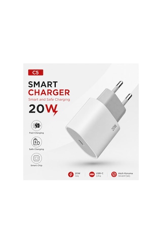 C5 Smart Charger 20w Hızlı Şarj Destekli Type C Girişli Şarj Adaptörü Fast Charging Smart Chip Safe Charging Adaptör Başlık