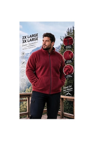 Givoria Büyük Beden Fermuarlı Polar Hırka Yumuşak Polar Ceket Kırmızı Kırmızı