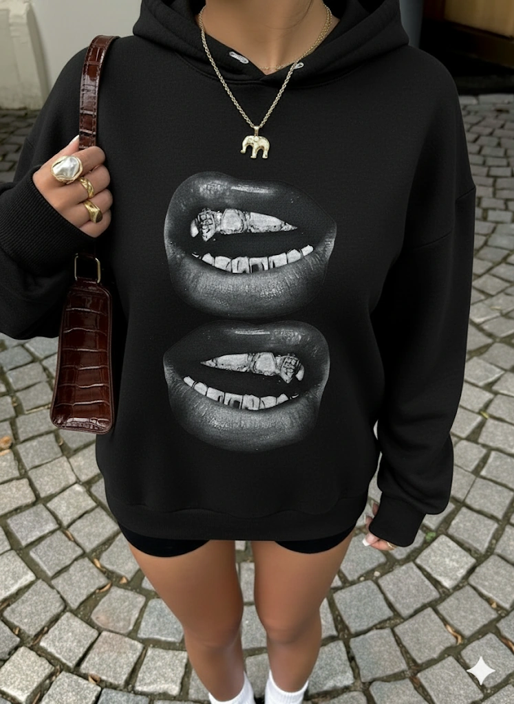 Afri Kadın Siyah Oversize Kapüşonlu Sweatshirt Baskılı Dudak Desenli, Sokak Stili, Rahat Kesim Siyah