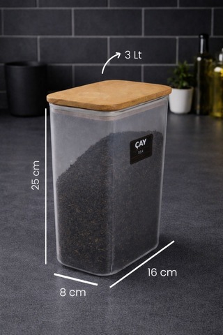 Ahşap Vakumlu Kapaklı Akrilik Çay Saklama Kavanozu Saklama Kabı Ve Kutusu 3 Litre Etiket Hediyeli Şeffaf