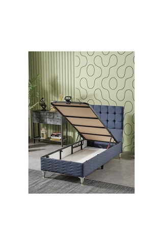 Beehanem Bengü Modern Baza + Yatak + Başlık Seti 120x200 İndigo Geniş Tek Kişilik Sandıklı 3'lü 120 x 200