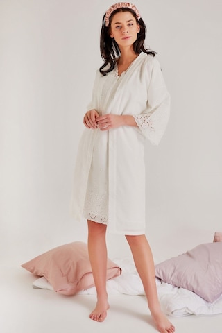 Magic Form 36110 Brodeli Kısa Kollu Pamuklu Sabahlıklı Hamile Lohusa Gecelik Takımı Ekru