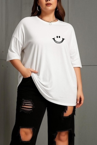 Büyük Beden Gülücük Baskılı Unisex Tişört Beyaz