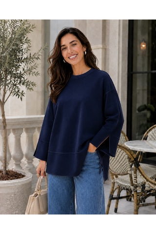 Unika Boutique Kadın Oversize Yırtmaçlı Uzun Kollu Salaş Bluz Lacivert