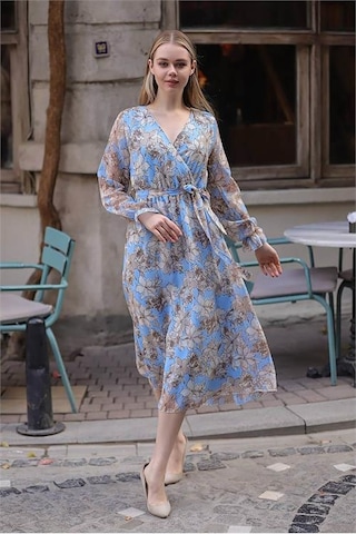 Neşeli Butik Kadın Mavi Kruvaze Yaka Çiçek Desenli Midi Elbise Rssn29 Mavi