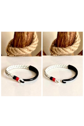 %100 Deri&krom Kombin Erkek Bileklik Net 22cm Türk El Üretimi Siyah - Beyaz