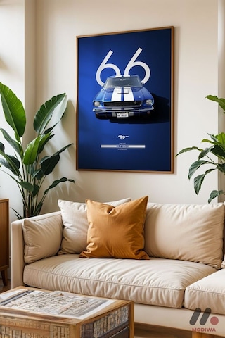 Ford Mustang 1966 Mavi Poster, Ahşap Çerçeveli Duvar Tablosu - Oto Severlere Özel Hediye