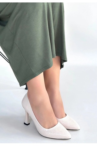 Mirglart Merio Bej Baskılı Rugan Topuklu Ayakkabı Bej
