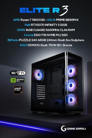 Game Garaj ELITE-R3 R7-7800X3D RTX5070 16 GB 1 TB SSD Free Dos Oem Paket Masaüstü Oyuncu Bilgisayarı