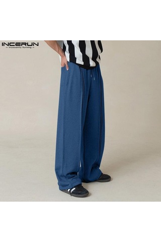 Incerun Erkek Bağcıklı Elastik Bel Kırışık Uzun Eşofman Altı Rahat Bol Spor Pantolon Siyah
