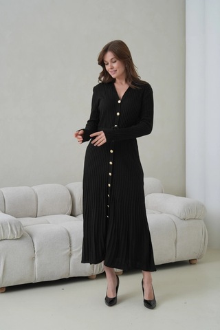 Kadın V Yaka Ful Düğme Kapama Kemer Detay Maksi Boy Fitilli Triko Elbise Siyah