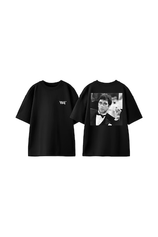 Thewert Tony Montana Black White Tasarım Sırt Baskılı Pamuk Siyah Oversize T-shirt