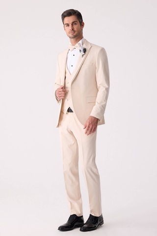 Ysf Erkek Slim Fit Sivri Yaka Yelekli Damatlık Bej