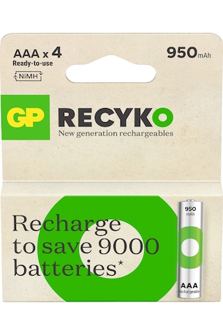 GP ReCyko 1000 Serisi 950 mAh AAA Ni-MH Şarj Edilebilir İnce Kalem Pil 4 x 2'li